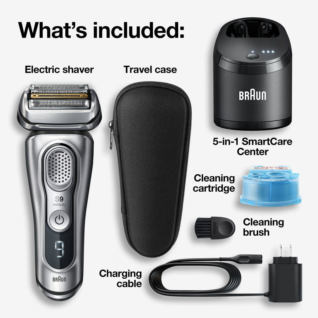 Braun Series 9 9370cc Rechargeable Wet & Dry Men's Electric Shaver with Clean & Charge Station - 1box/2pk