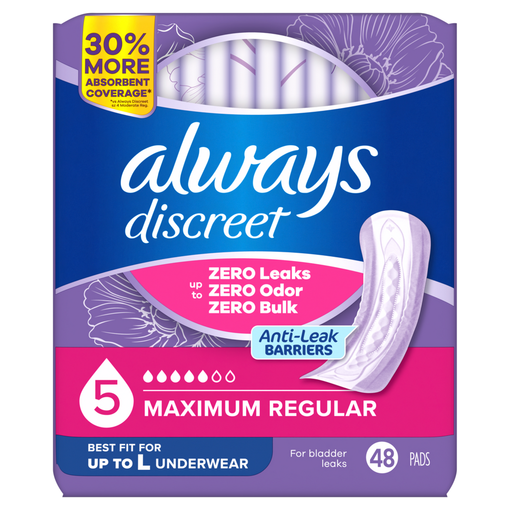 Always Discreet Adult Incontinence Pads For Women Maximum Absorbency Regular Length Postpartum Pads - 48ct/2pk