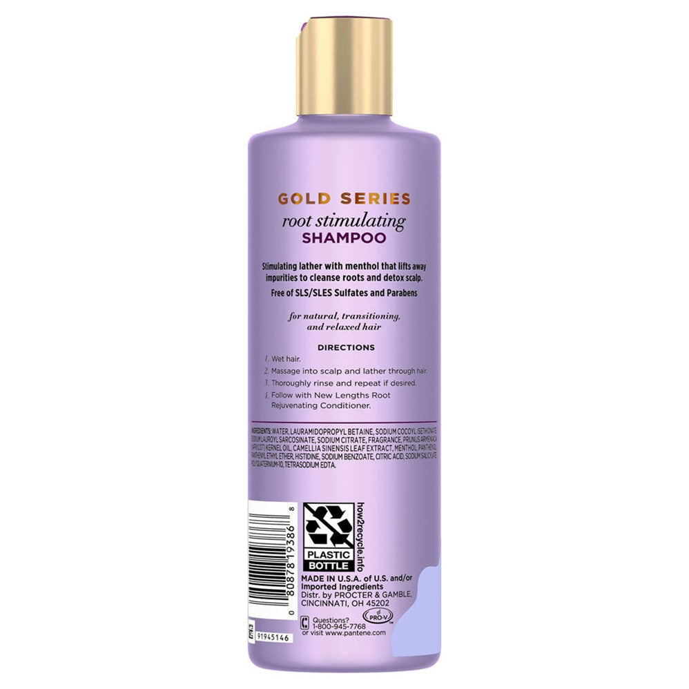 Gold Series New Lengths Root Stimulating Shampoo With Apricot Oil & Green Tea Cleanses & Awakens For Natural Textured Curly Coily Hair Sulfate-Free Paraben Free Dye Free From Pantene Ready For Growth - 8.5oz/4pk