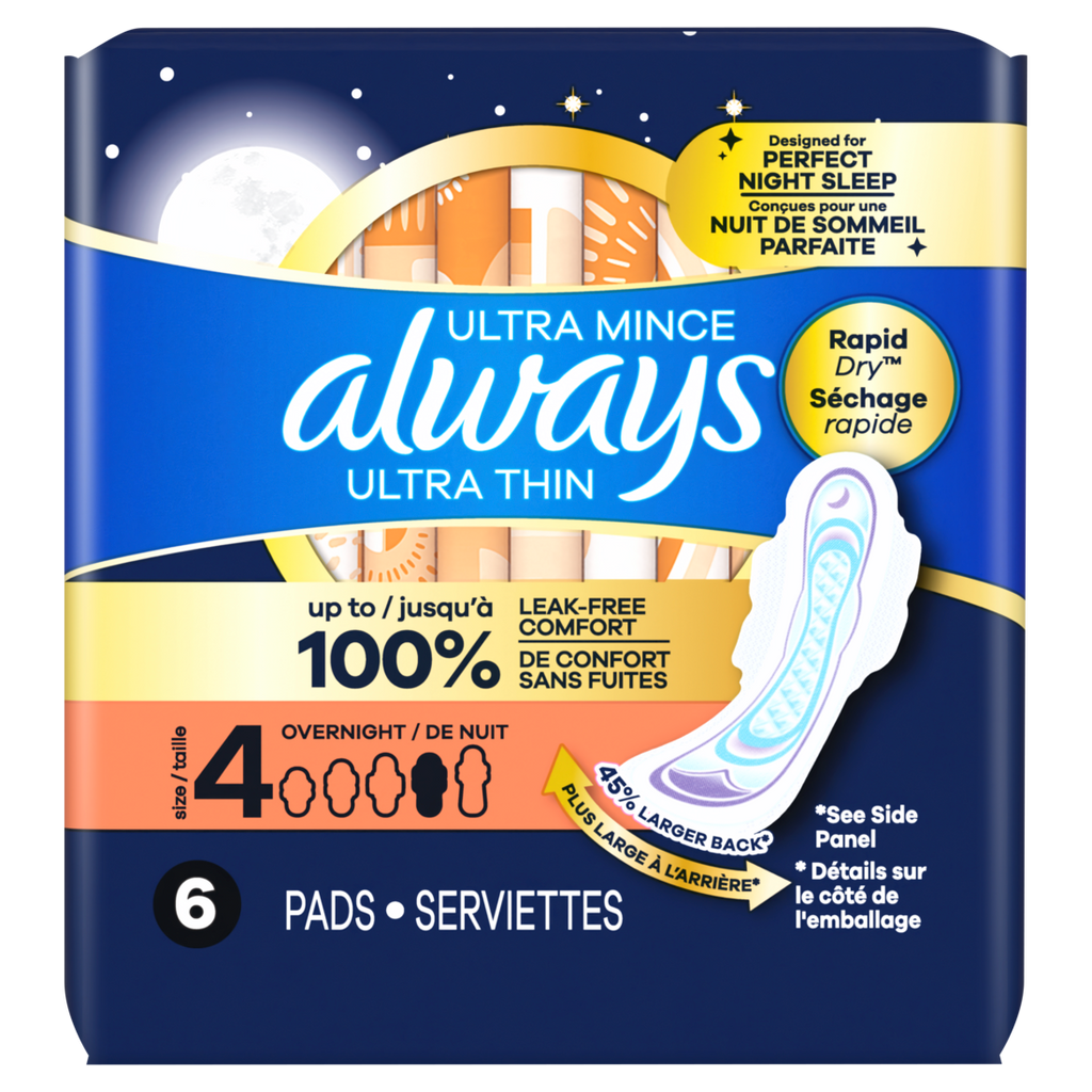 Always Ultra Thin Feminine Pads With Wings For Women Size 4 Overnight Absorbency Unscented - 6ct/8pk