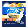 Always Ultra Thin Feminine Pads With Wings For Women Size 4 Overnight Absorbency Unscented - 6ct/8pk