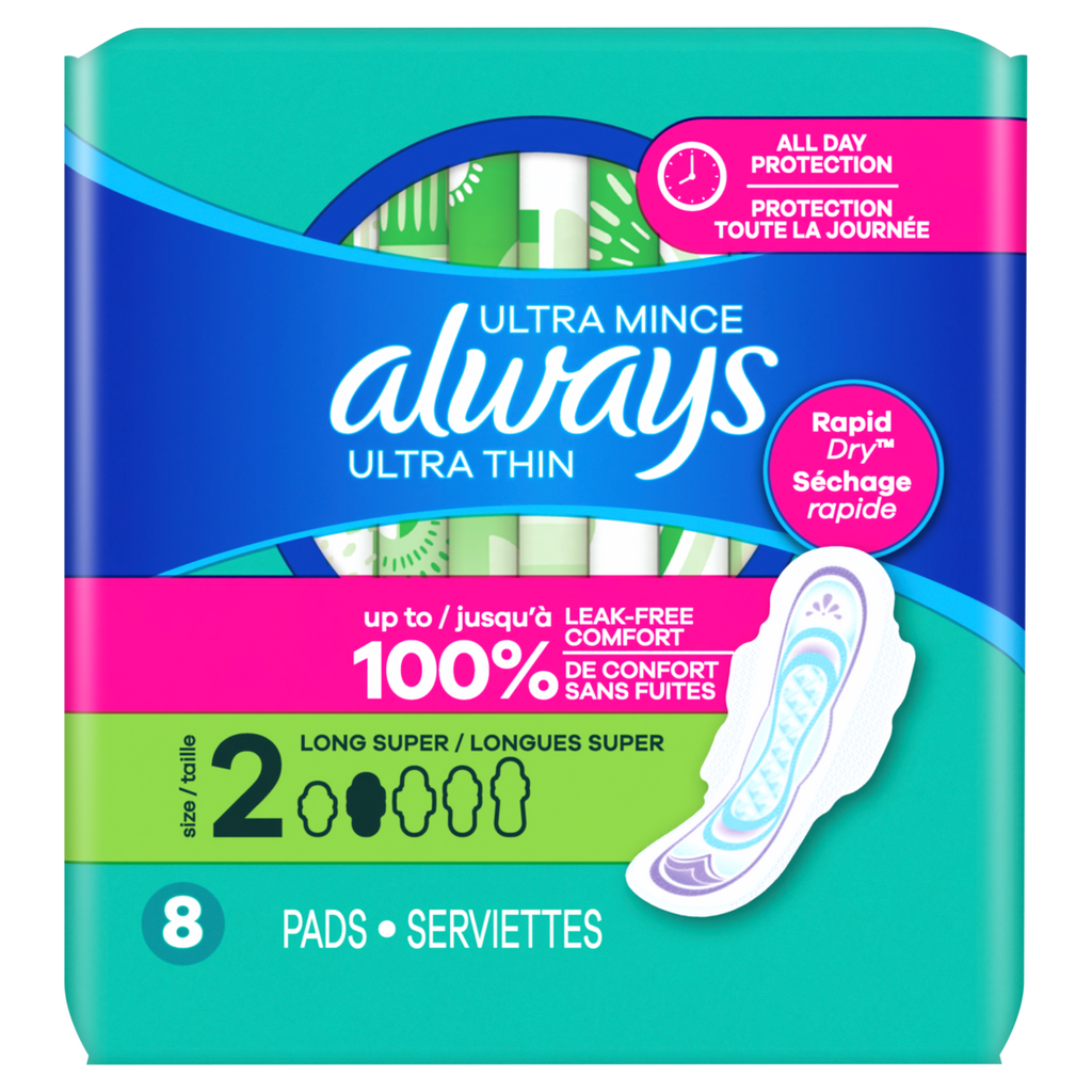 Always Ultra Thin Feminine Pads With Wings For Women Size 2 Long Super Absorbency Unscented - 8ct/8pk