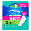 Always Ultra Thin Feminine Pads With Wings For Women Size 2 Long Super Absorbency Unscented - 8ct/8pk
