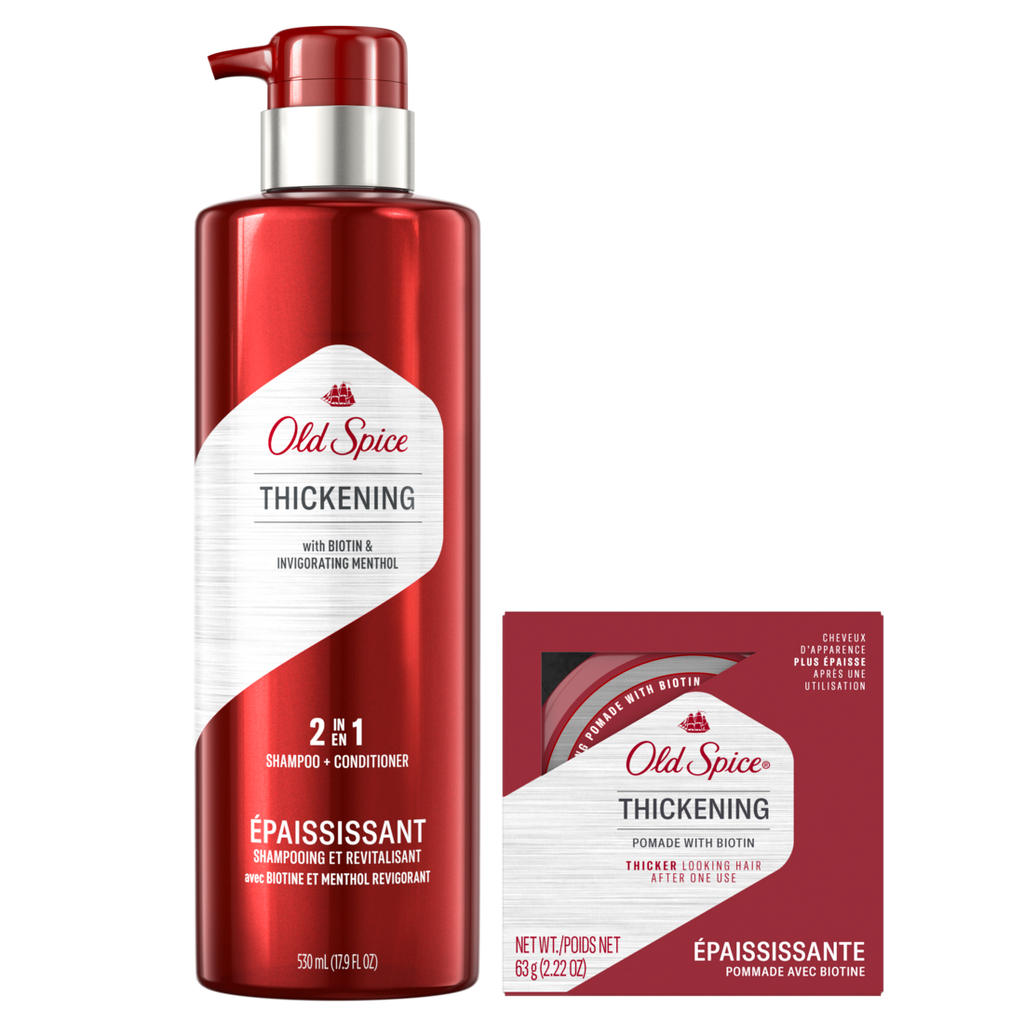 Old Spice Thickening Bundle for Men Thickening Men's 2in1 Shampoo 17.9oz and Conditioner with Biotin and Invigorating Menthol & Thickening Styling Pomade infused with Biotin 2.22oz - (17.9+2.22)oz/4pk