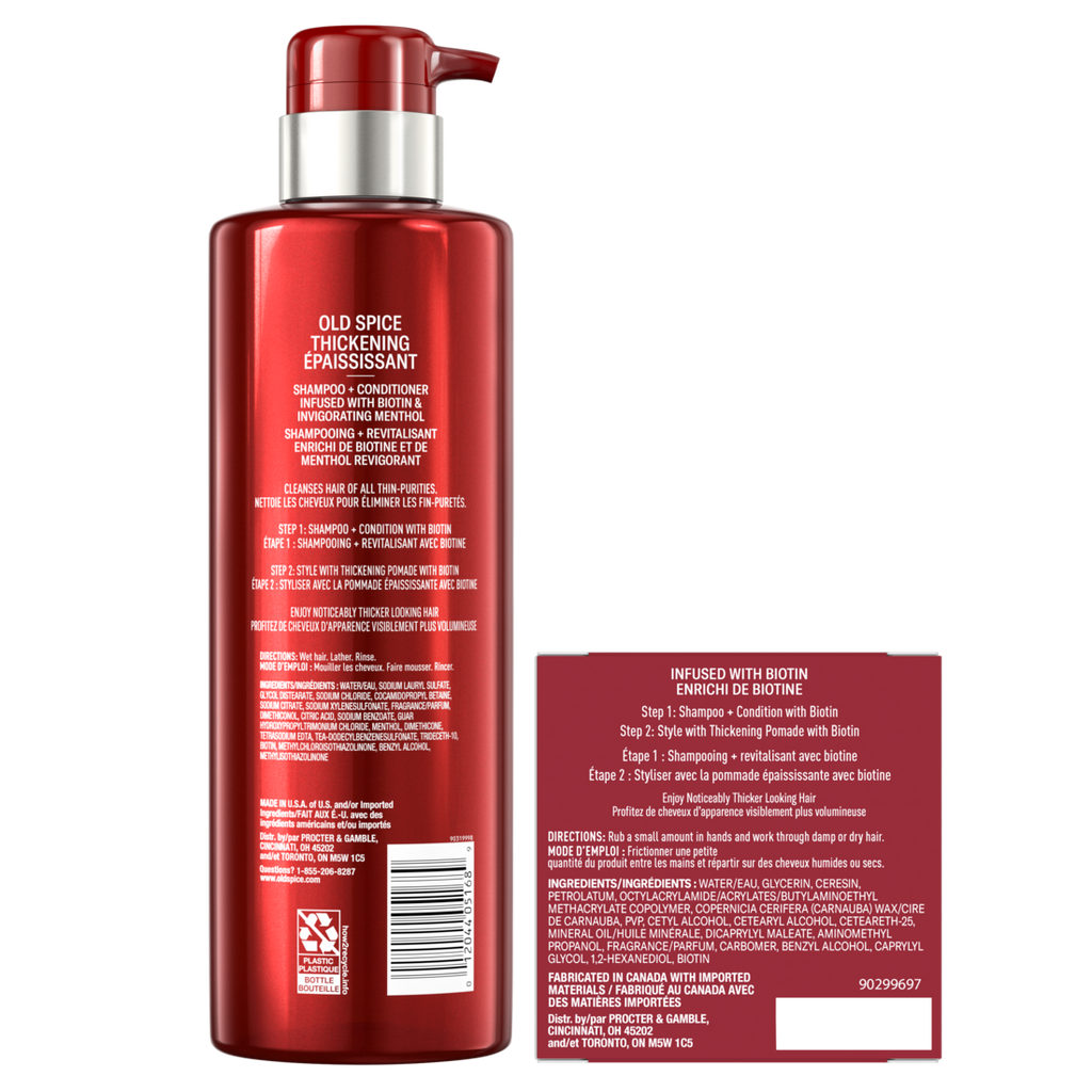 Old Spice Thickening Bundle for Men Thickening Men's 2in1 Shampoo 17.9oz and Conditioner with Biotin and Invigorating Menthol & Thickening Styling Pomade infused with Biotin 2.22oz - (17.9+2.22)oz/4pk