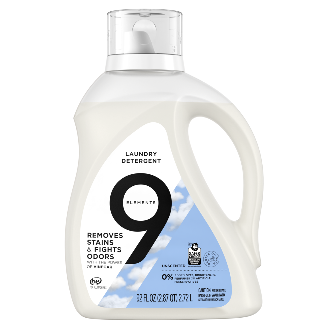 9 Elements Liquid Laundry Detergent Unscented Vinegar Powered - 92oz/4pk