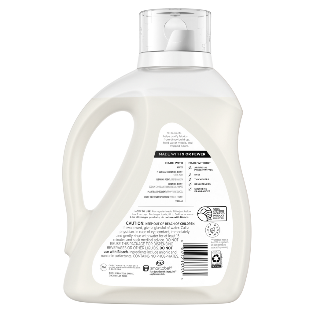 9 Elements Liquid Laundry Detergent Unscented Vinegar Powered - 92oz/4pk