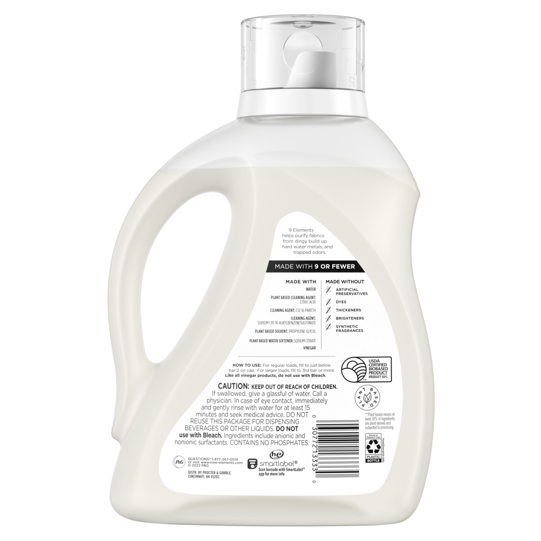 9 Elements Liquid Laundry Detergent Unscented Vinegar Powered - 92oz/4pk