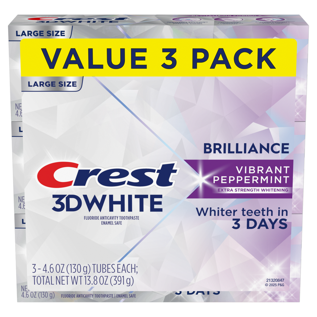Crest 3D White Brilliance Vibrant Peppermint Teeth Whitening Toothpaste Whiter Teeth In 3 Days Anticavity Fluoride Toothpaste 100% More Surface Stain Removal 24 Hour Active Stain Prevention - (3x4.6)oz/4pk