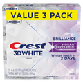 Crest 3D White Brilliance Vibrant Peppermint Teeth Whitening Toothpaste Whiter Teeth In 3 Days Anticavity Fluoride Toothpaste 100% More Surface Stain Removal 24 Hour Active Stain Prevention - (3x4.6)oz/4pk