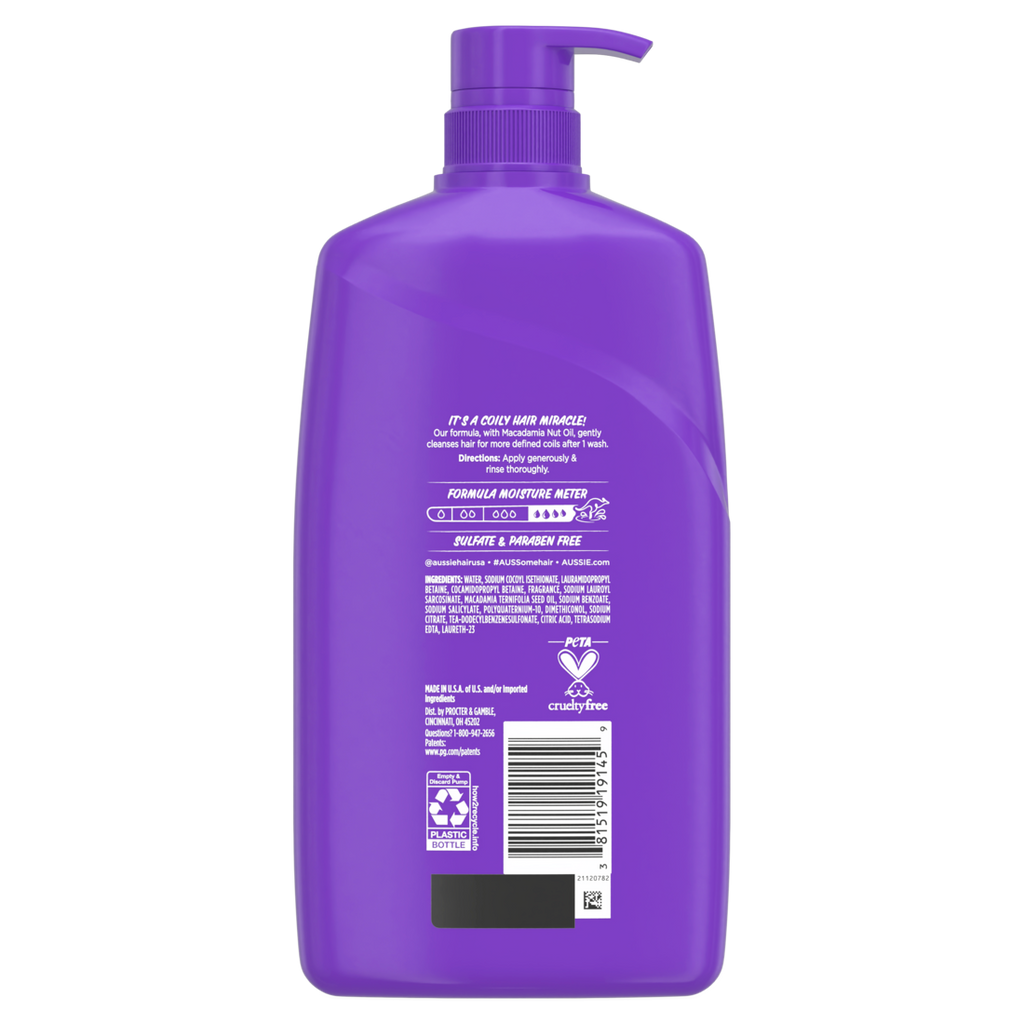 Aussie Miracle Coils Shampoo With Macadamia Nut Oil For Coily Hair Sulfate And Paraben-Free - 26.2oz/4pk