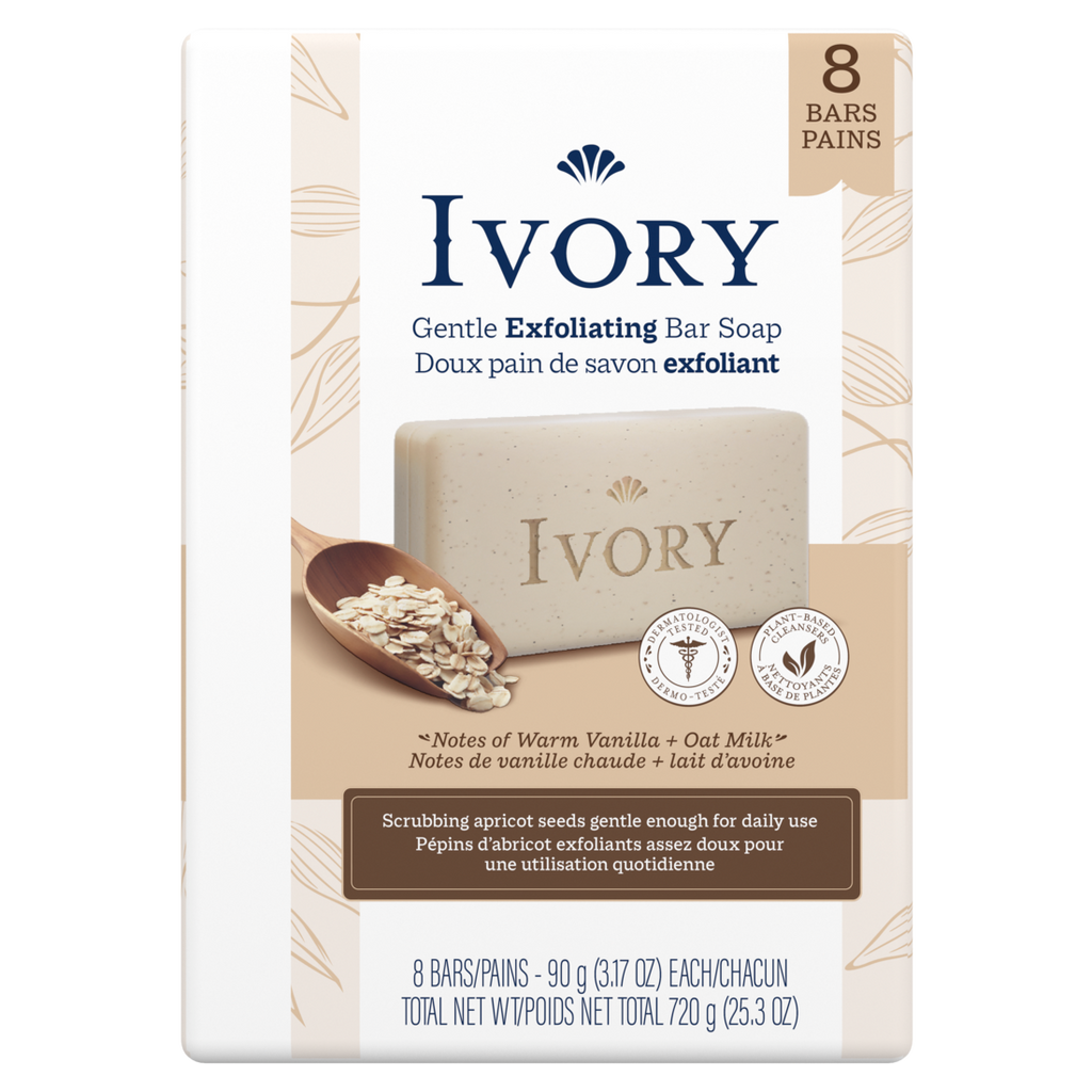 Ivory Gentle Exfoliating Bar Soap Notes Of Warm Vanilla + Oat Milk - (8x3.17)oz/4pk