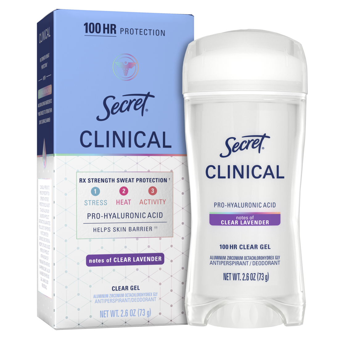Secret Clinical Antiperspirant Deodorant For Women 100Hr Sweat & Odor Protection Pro-Hyaluronic Acid Clear Gel Clean Lavender - 2.6oz/12pk