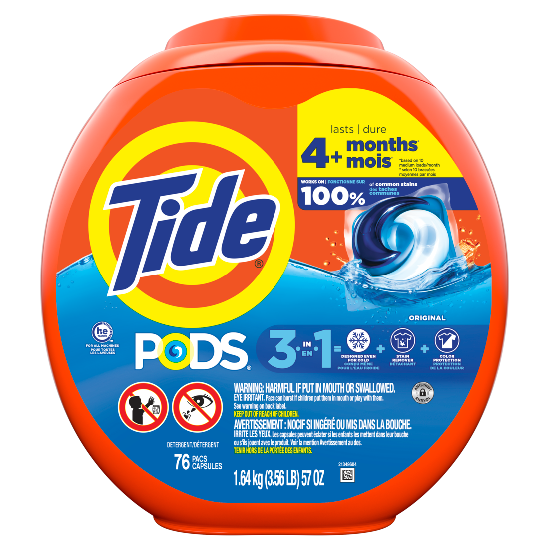 Tide Pods Laundry Detergent Pacs 3-In-1 Stain Remover Odor Fighter Color Protector HE Compatible Original Scent - 76ct/4pk