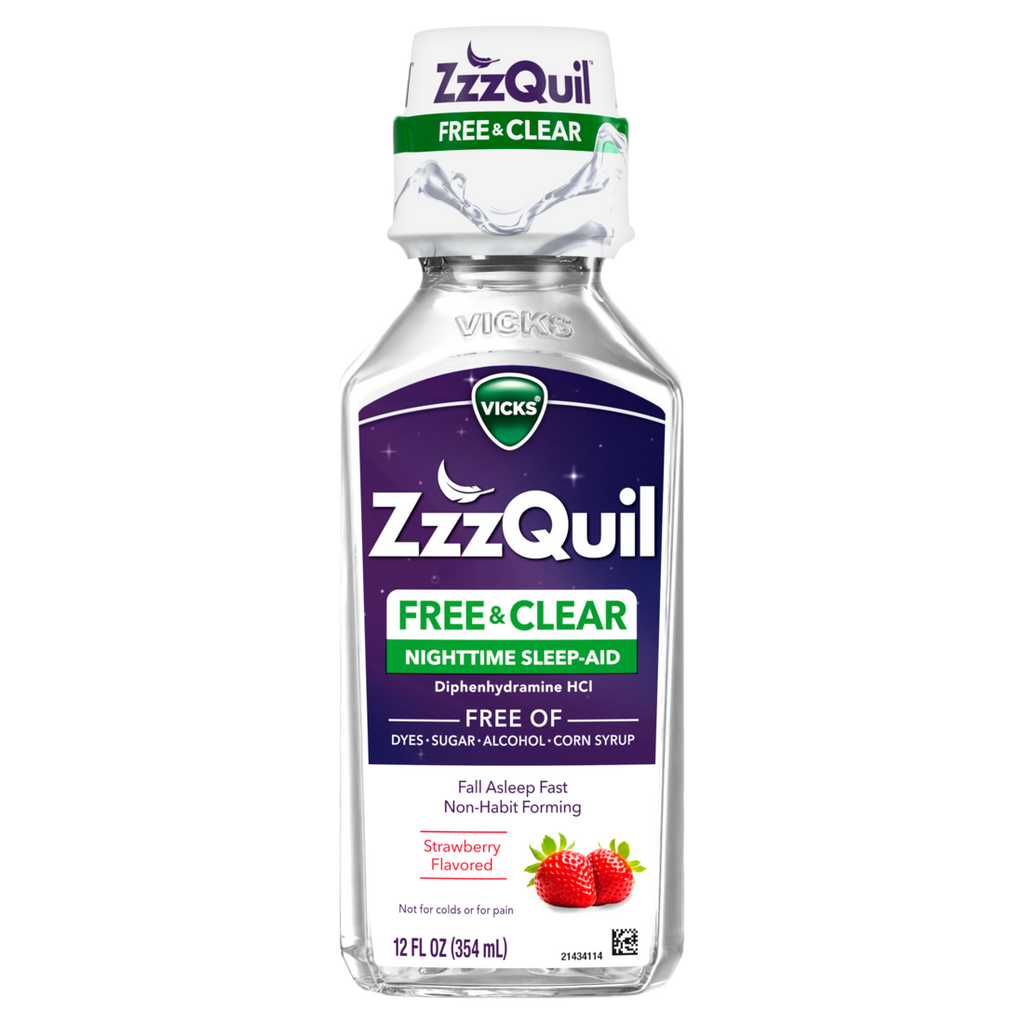 Zzzquil Liquid Sleep Aid Diphenhydramine 50Mg Hci Free & Clear Free Of Alcohol And Artificial Dyes Nighttime Sleep Aid Liquid Non-Habit Forming Strawberry Flavored - 12oz/12pk