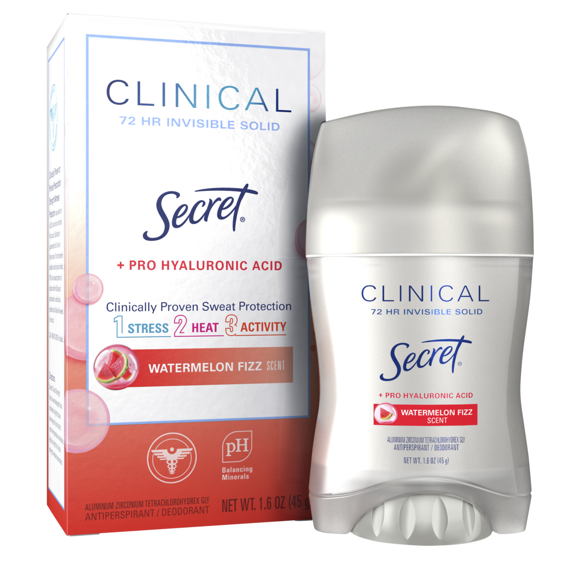 Secret Clinical Strength Antiperspirant And Deodorant For Women Pro-Hyaluronic Acid Invisible Solid Watermelon Fizz - 1.6oz/12pk