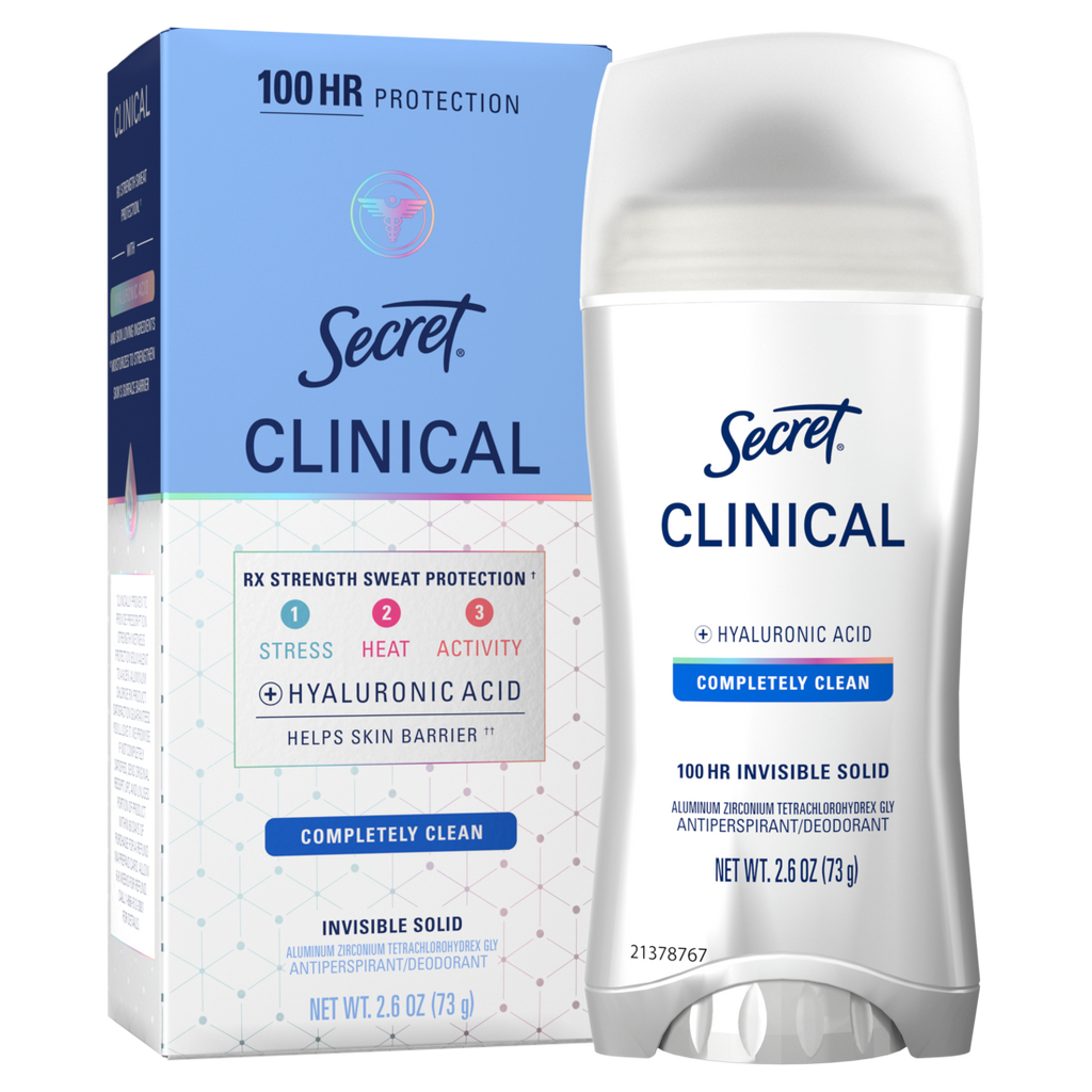 Secret Clinical Antiperspirant Deodorant For Women 100Hr Sweat & Odor Protection Hyaluronic Acid Invisible Solid Completely Clean - 2.6oz/12pk
