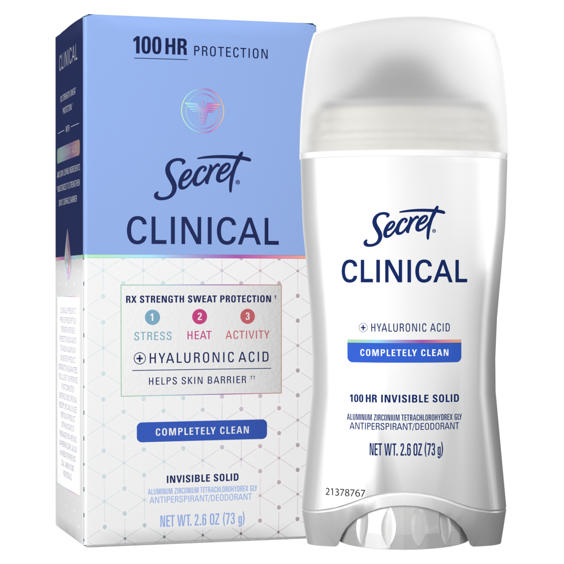 Secret Clinical Antiperspirant Deodorant For Women 100Hr Sweat & Odor Protection Hyaluronic Acid Invisible Solid Completely Clean - 2.6oz/12pk