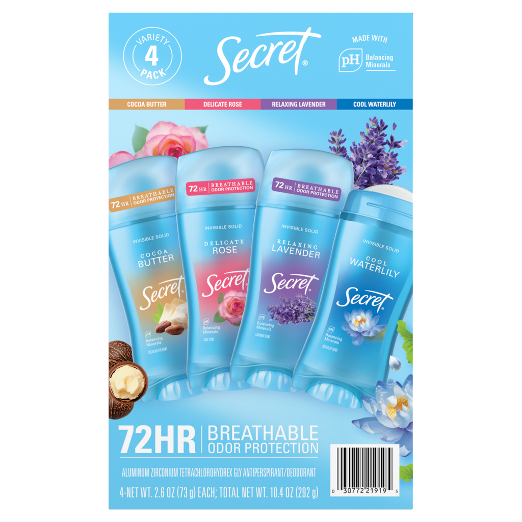 Secret Fresh Invisible Solid Antiperspirant And Deodorant For Women Lavender Waterlily Rose & Coco Butter Scent 4-Pack - (4x2.6)oz/90pk