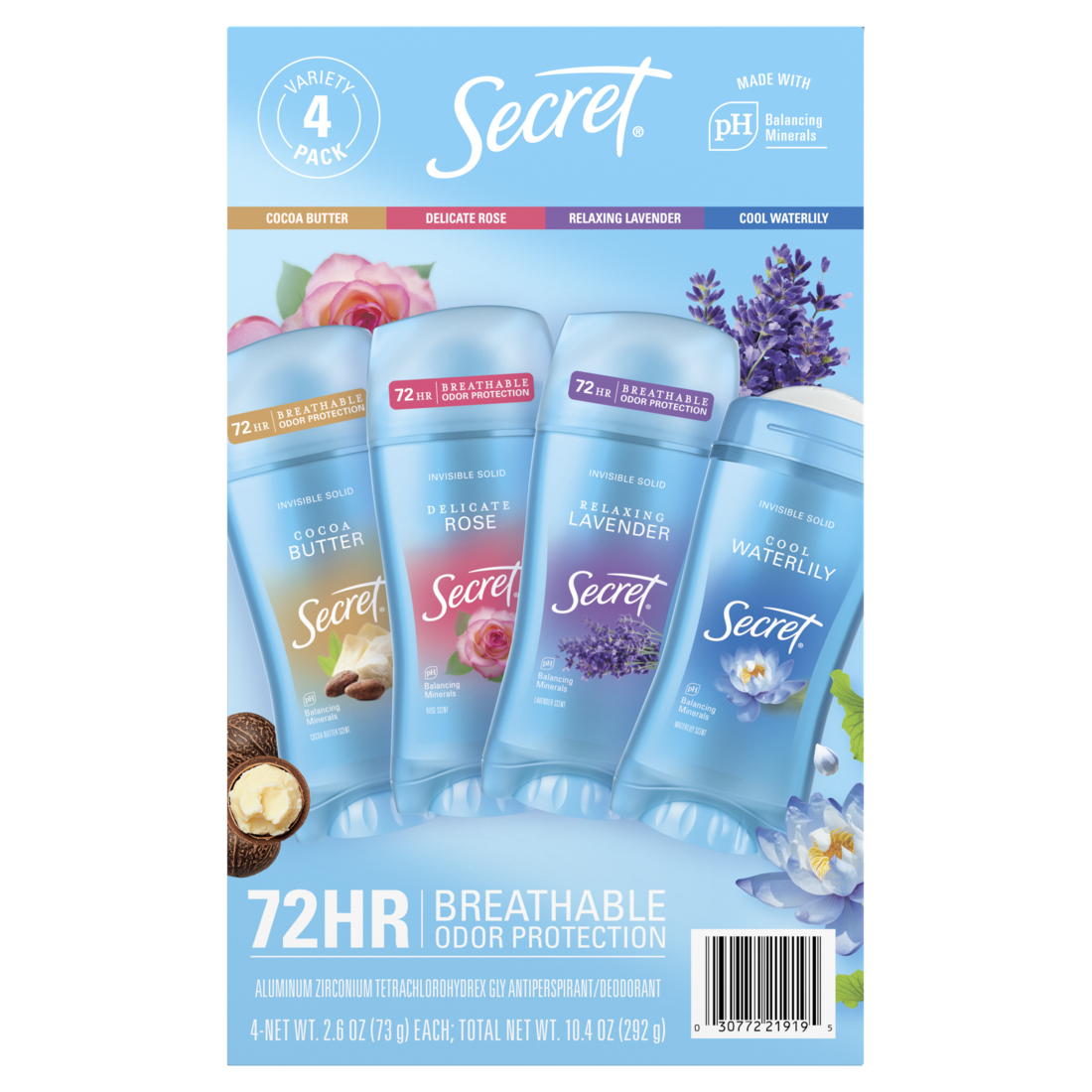 Secret Fresh Invisible Solid Antiperspirant And Deodorant For Women Lavender Waterlily Rose & Coco Butter Scent 4-Pack - (4x2.6)oz/90pk