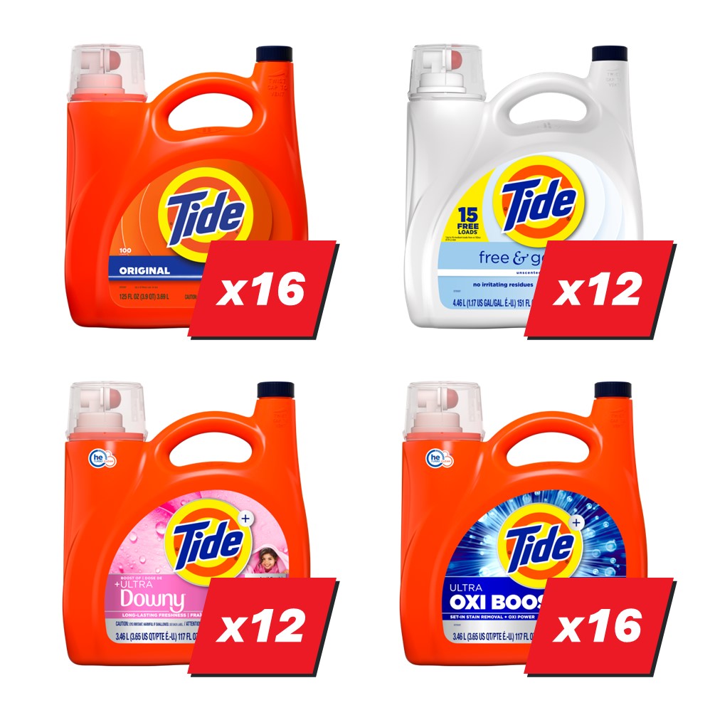 Tide Liquid Laundry Detergent Display (16x132oz Original; 12x132oz Free & Gentle; 12x117oz April Fresh; 16x117oz Oxi Boost) - (117-132)oz/56pk