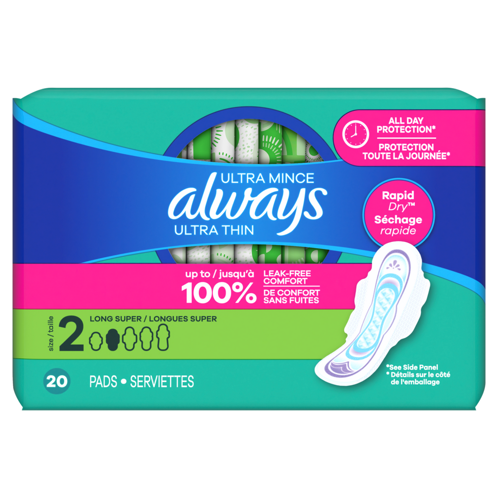 Always Ultra Thin Feminine Pads With Wings For Women Size 2 Long Super Absorbency Unscented - 20ct/12pk