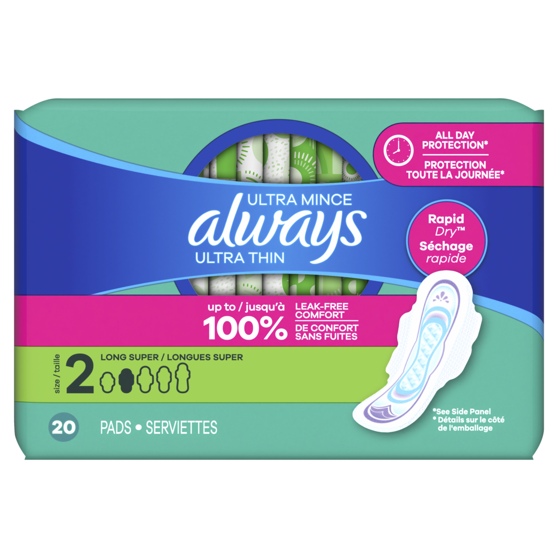 Always Ultra Thin Feminine Pads With Wings For Women Size 2 Long Super Absorbency Unscented - 20ct/12pk