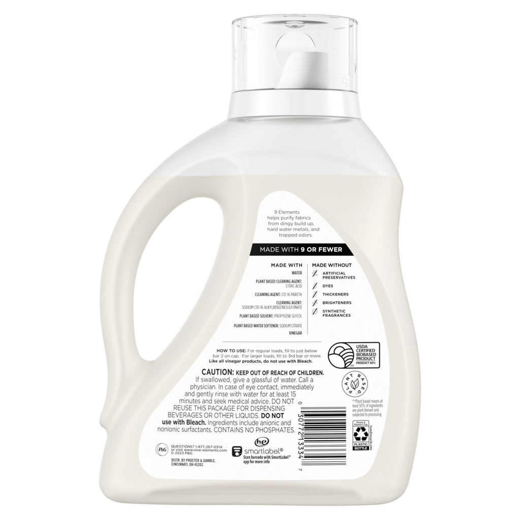 9 Elements Liquid Laundry Detergent Unscented Vinegar Powered - 65oz/4pk