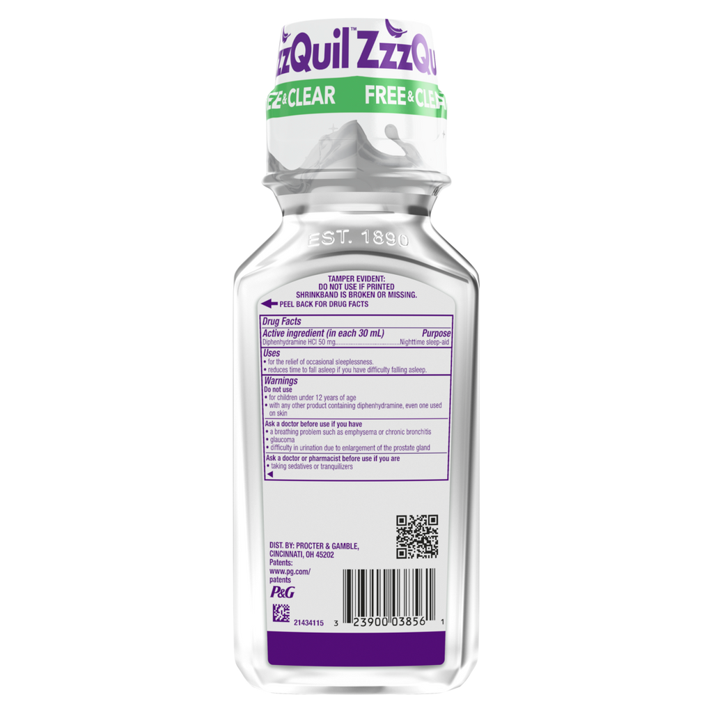 Zzzquil Liquid Sleep Aid Diphenhydramine 50Mg Hci Free & Clear Free Of Alcohol And Artificial Dyes Nighttime Sleep Aid Liquid Non-Habit Forming Strawberry Flavored - 12oz/12pk
