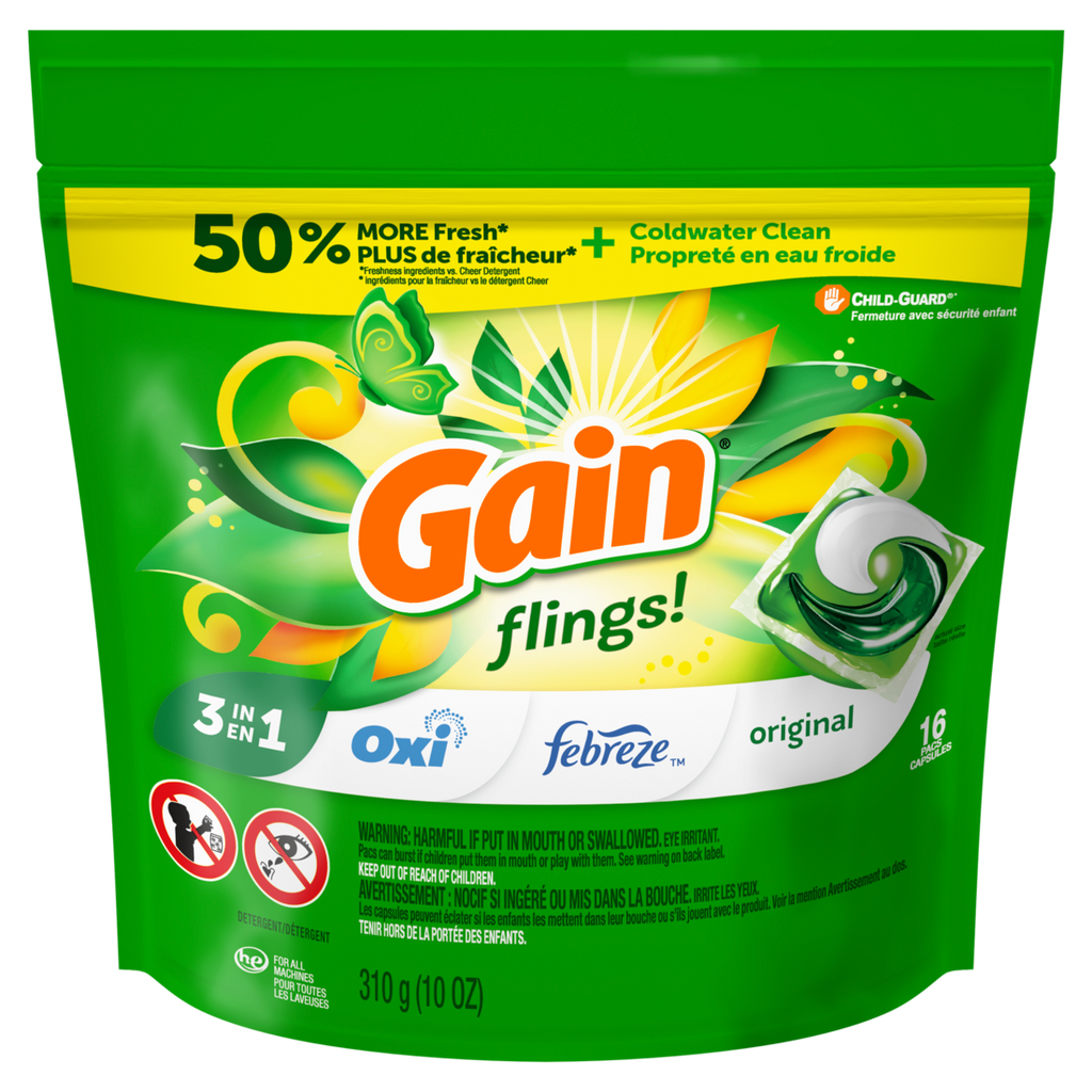 Gain Flings Laundry Detergent Pacs Original Scent With Odor Defense Concentrated Laundry Soap Pacs - 16ct/6pk
