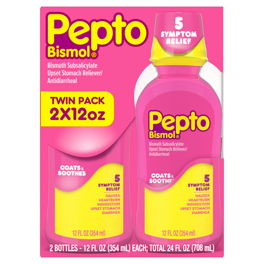 Pepto Bismol Liquid Upset Stomach Relief Nausea Relief Heartburn Relief Indigestion Relief Anti Diarrhea Medication For Adults - 5 Symptom Fast Relief (Packaging May Vary) - (2x12)oz/3pk