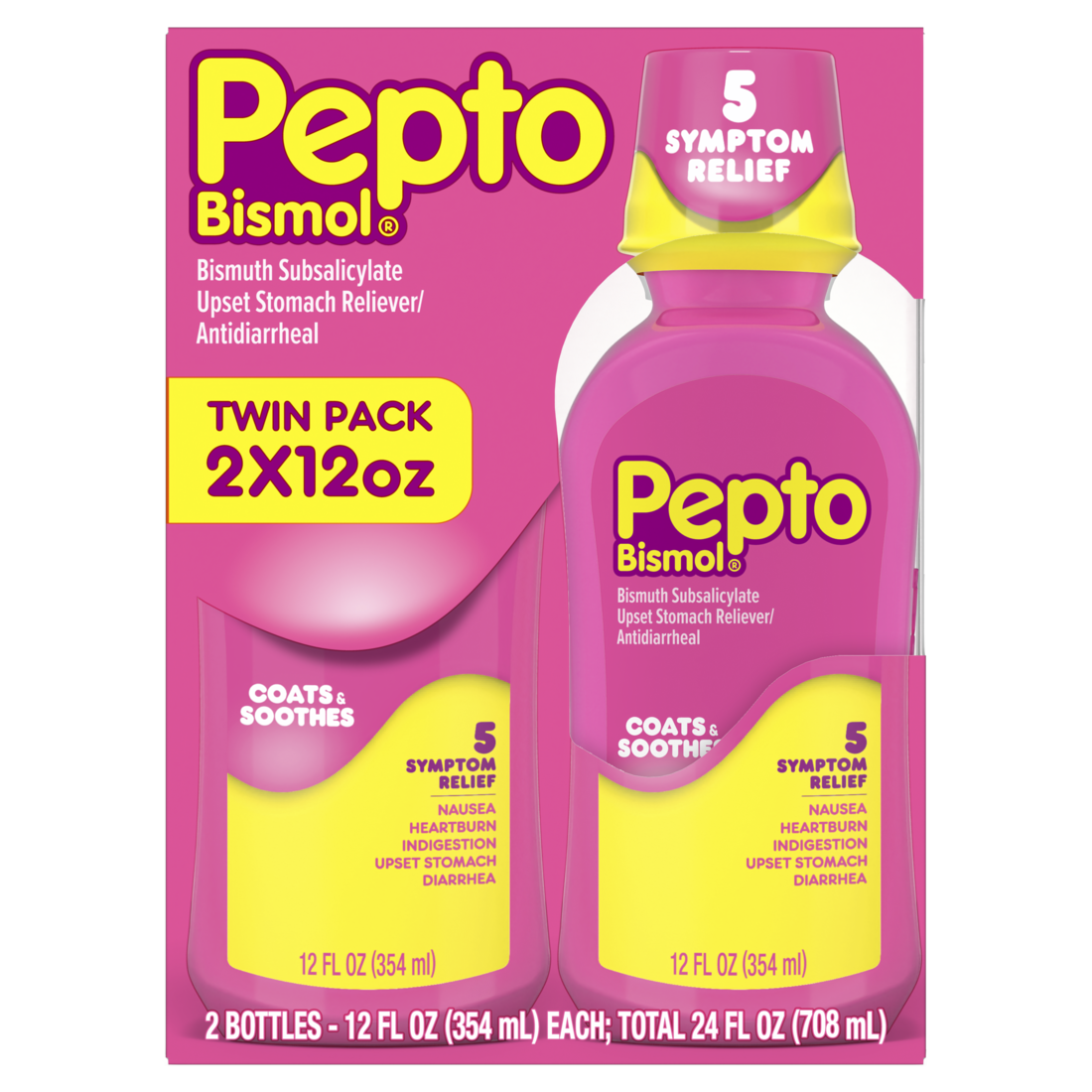 Pepto Bismol Liquid Upset Stomach Relief Nausea Relief Heartburn Relief Indigestion Relief Anti Diarrhea Medication For Adults - 5 Symptom Fast Relief (Packaging May Vary) - (2x12)oz/3pk