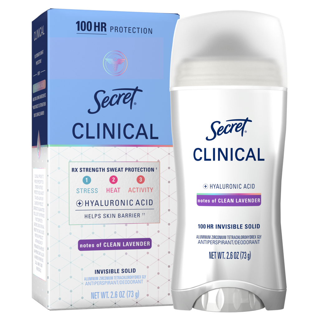 Secret Clinical Antiperspirant Deodorant For Women 100Hr Sweat & Odor Protection Hyaluronic Acid Invisible Solid Clean Lavender - 2.6oz/12pk