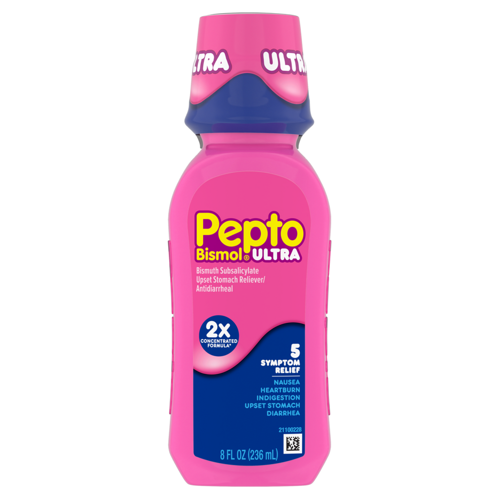 Pepto Bismol Ultra Liquid Upset Stomach Relief Nausea Relief Heartburn Relief Indigestion Relief Anti Diarrhea Medication For Adults - 5 Symptom Fast Relief (Packaging May Vary) - 8oz/12pk