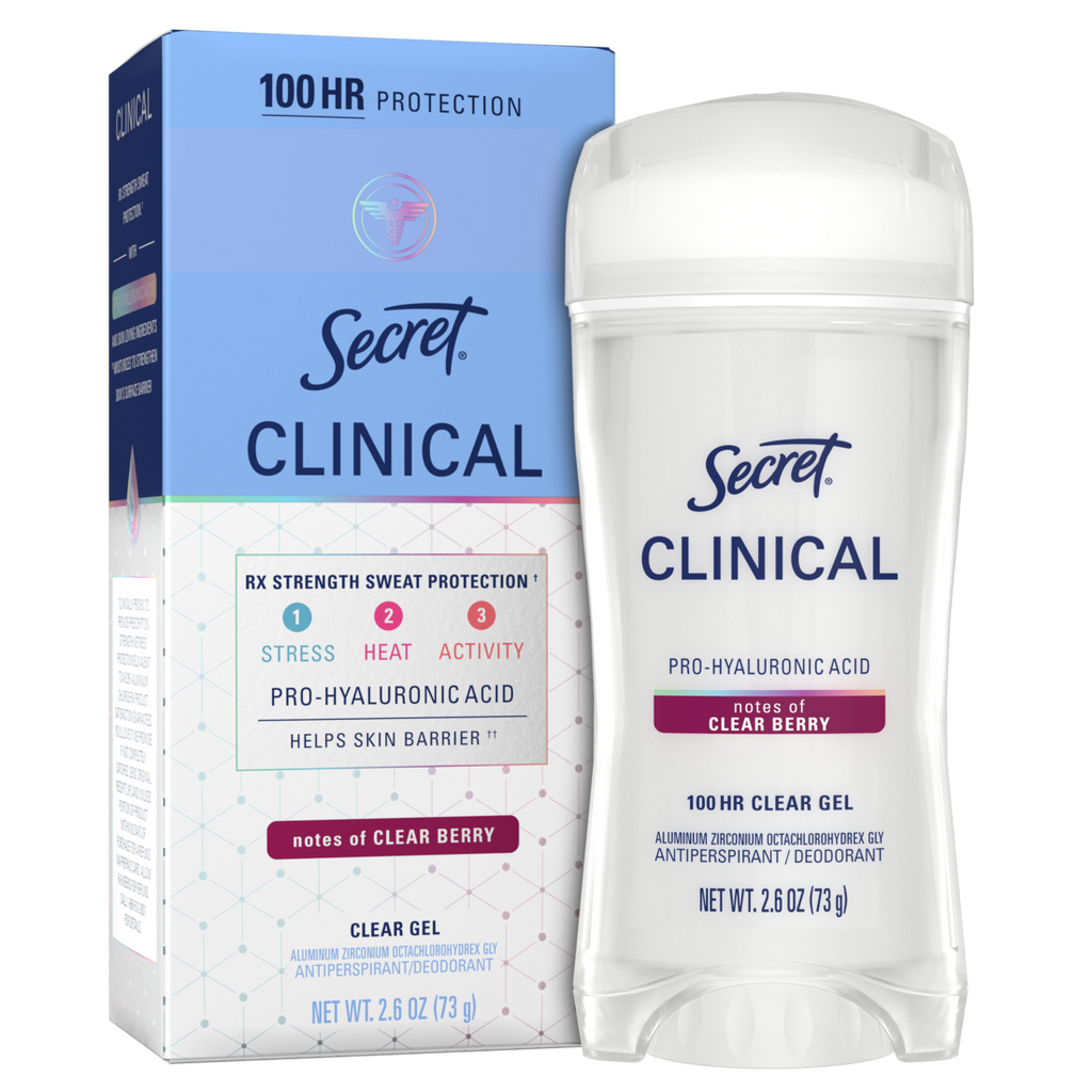 Secret Clinical Antiperspirant Deodorant For Women 100Hr Sweat & Odor Protection Pro-Hyaluronic Acid Clear Gel Clean Berry - 2.6oz/12pk