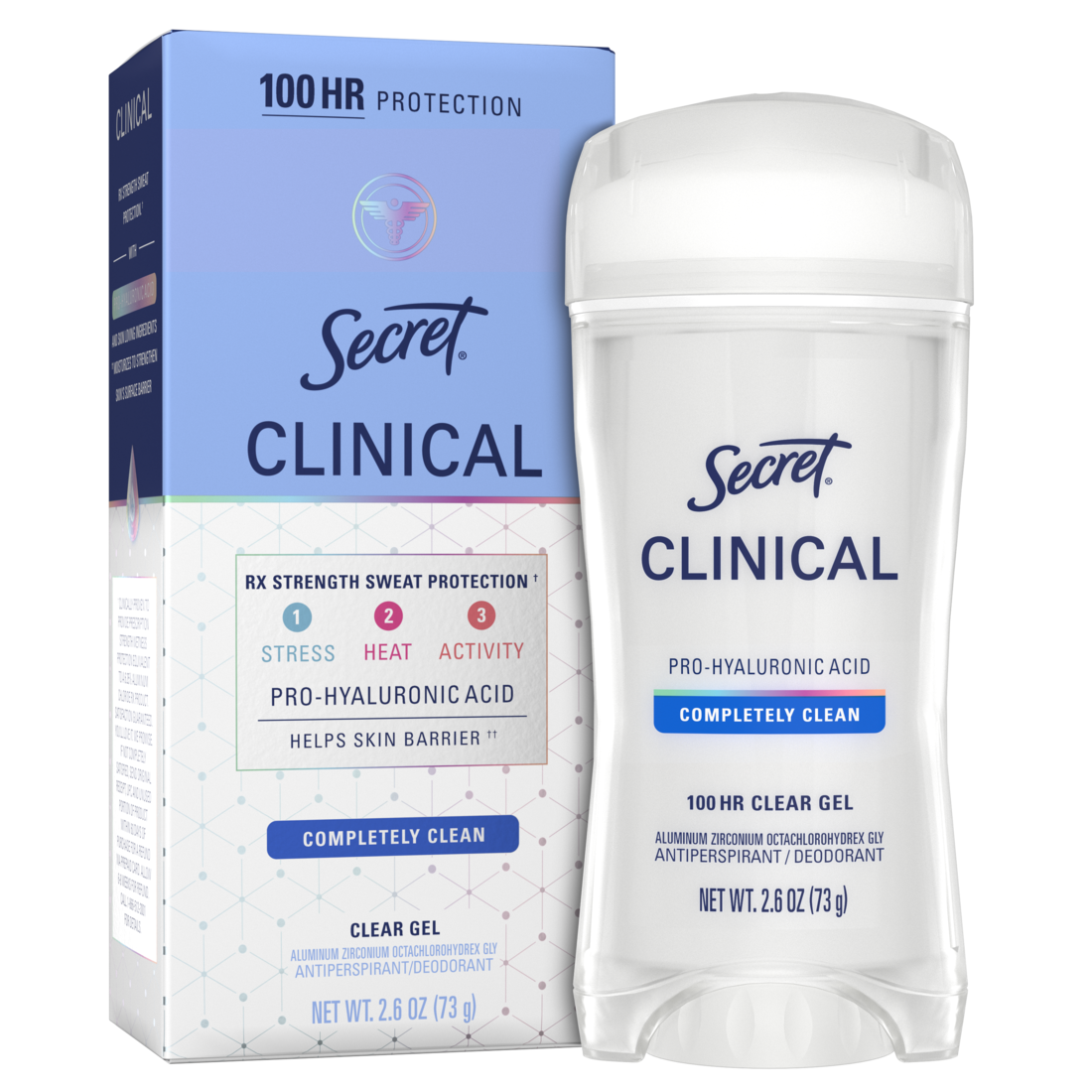 Secret Clinical Antiperspirant Deodorant For Women 100Hr Sweat & Odor Protection Pro-Hyaluronic Acid Clear Gel Completely Clean - 2.6oz/12pk