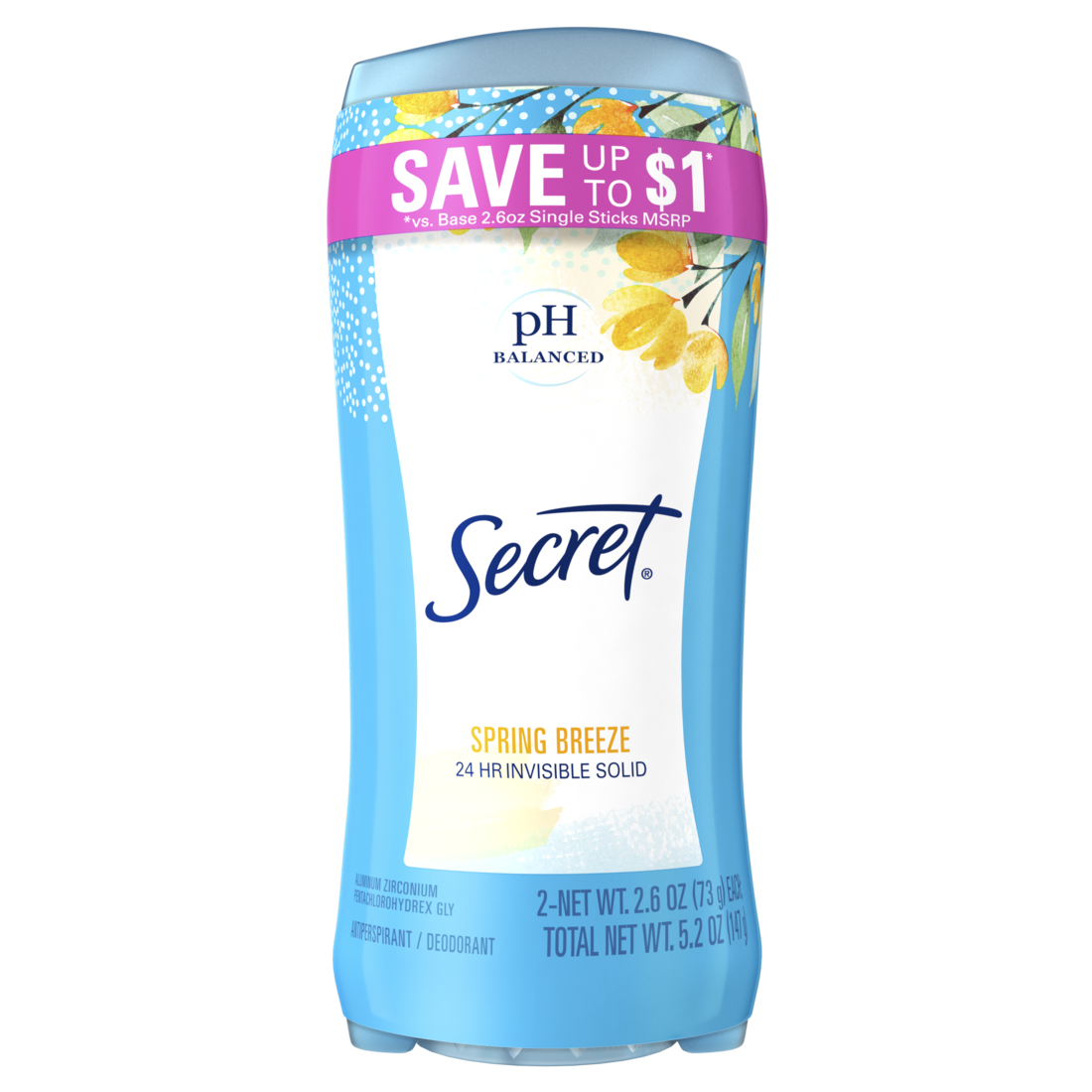 Secret Invisible Solid Antiperspirant And Deodorant Spring Breeze Twin Pack - (2x2.6)oz/6pk