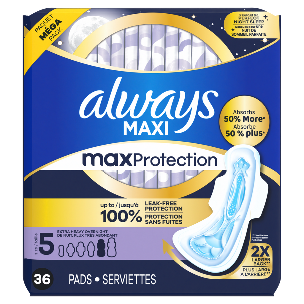 Always Maxi Overnight Pads With Wings For Women Size 5 Extra Heavy Overnight Absorbency Unscented - 36ct/3pk