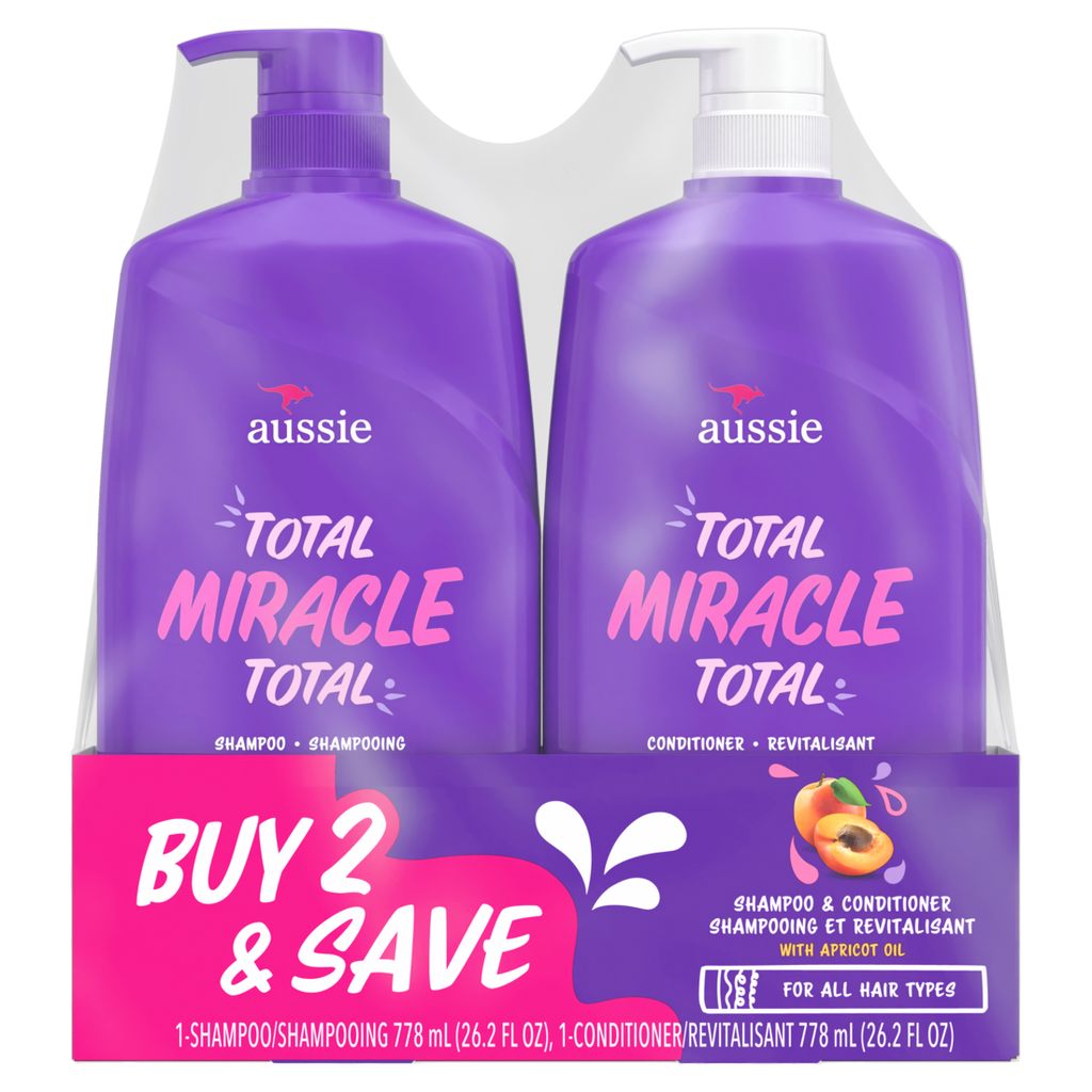 Aussie Total Miracle Shampoo and Conditioner Pump Bottle Dual Pack for All Hair Types Paraben-Free - (2x26.2)oz/4pk