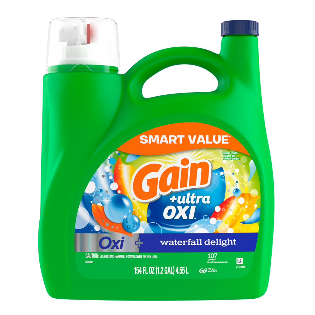 Gain Ultra Oxi Liquid Laundry Detergent Waterfall Delight Scent 107 Loads Freshness + Odor Fighting High Efficiency Washing Machine Iquid Cleaning Soap - 154oz/4pk