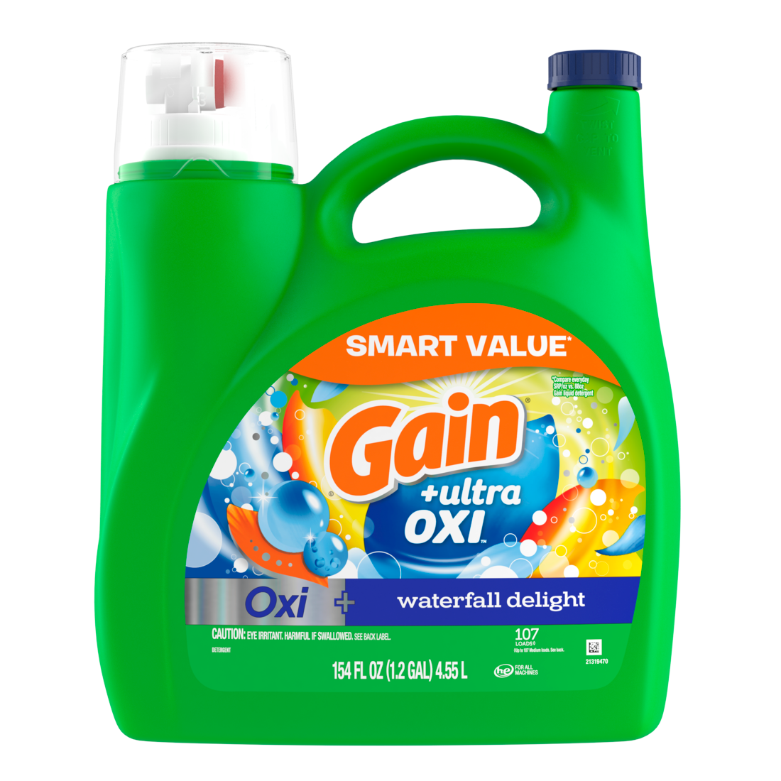 Gain Ultra Oxi Liquid Laundry Detergent Waterfall Delight Scent 107 Loads Freshness + Odor Fighting High Efficiency Washing Machine Iquid Cleaning Soap - 154oz/4pk
