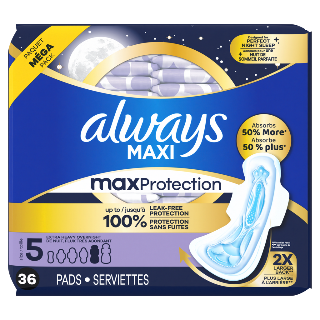 Always Maxi Overnight Pads With Wings For Women Size 5 Extra Heavy Overnight Absorbency Unscented - 36ct/3pk