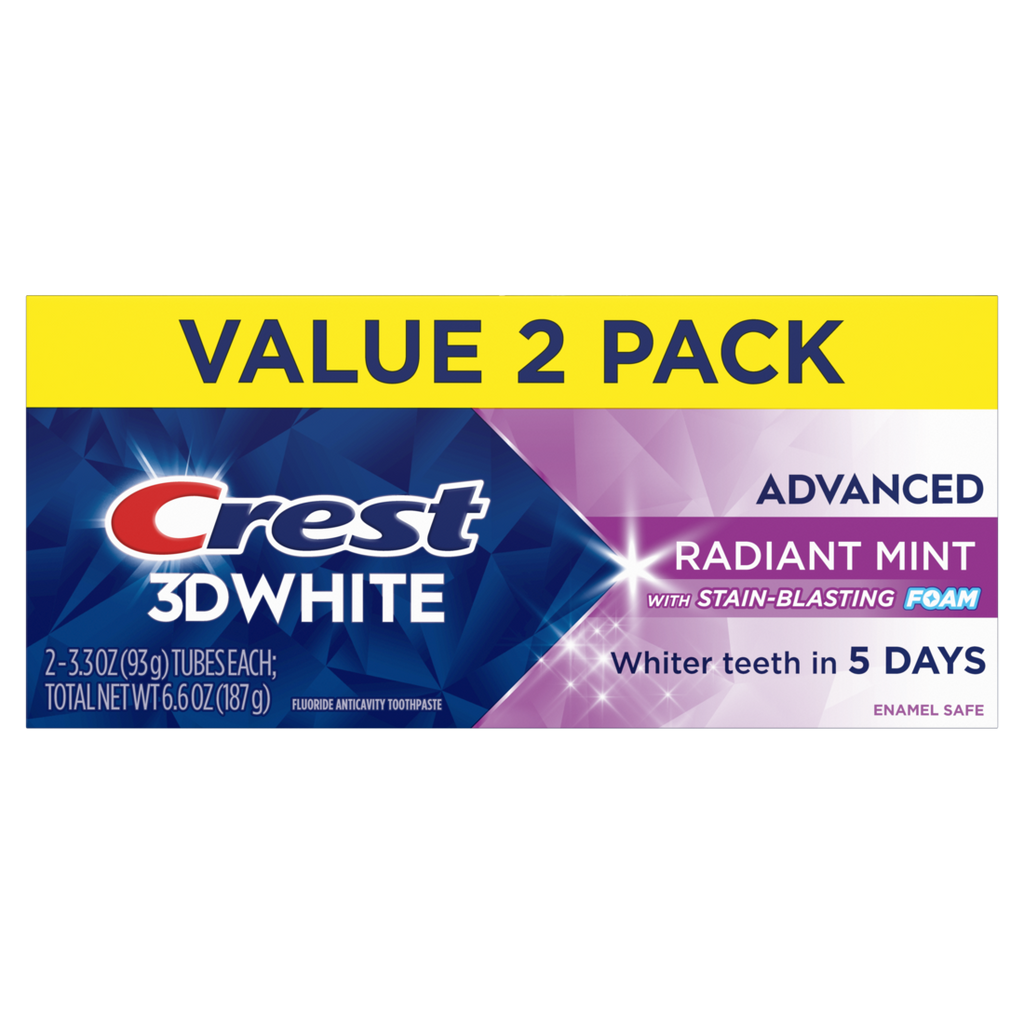 Crest Toothpaste 3Dwhite Advanced Teeth Whitening  Radiant Mint Pack Of 2 - (2x3.3)oz/6pk