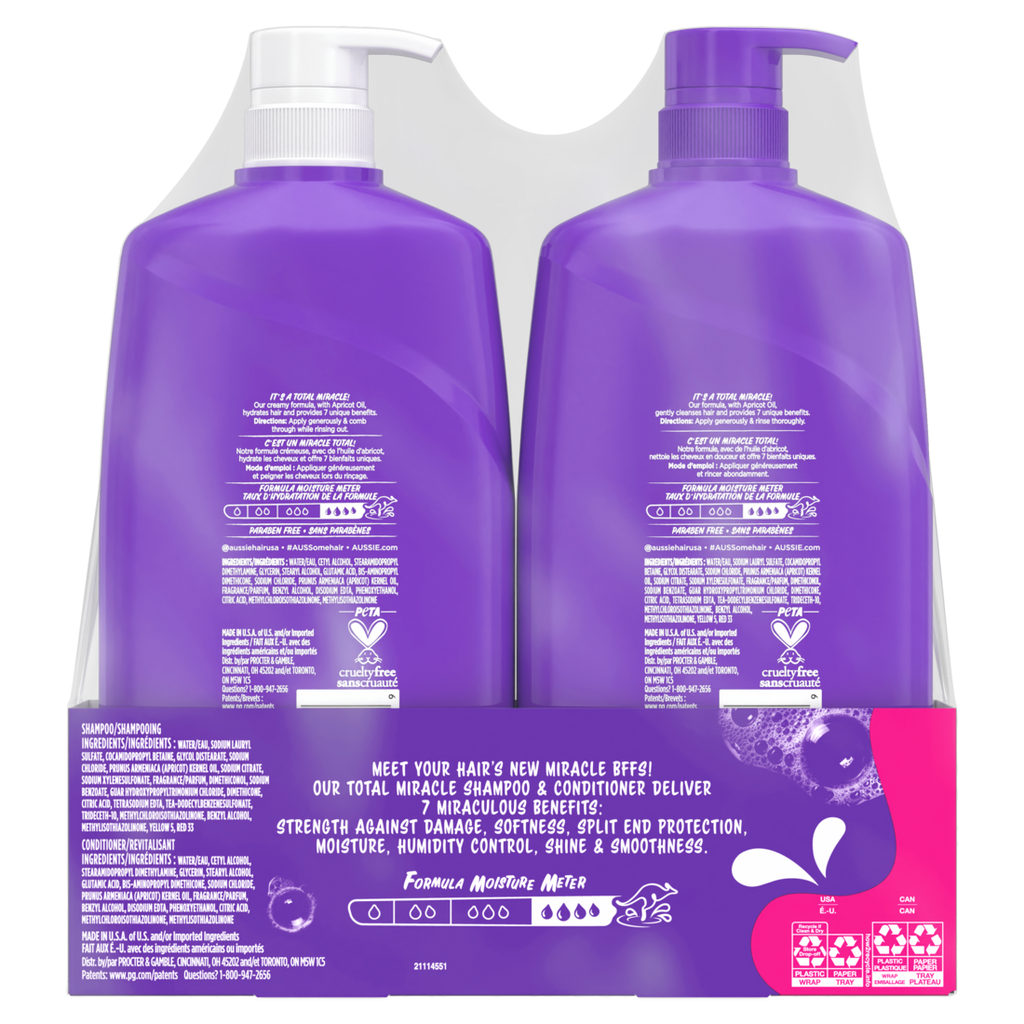 Aussie Total Miracle Shampoo and Conditioner Pump Bottle Dual Pack for All Hair Types Paraben-Free - (2x26.2)oz/4pk
