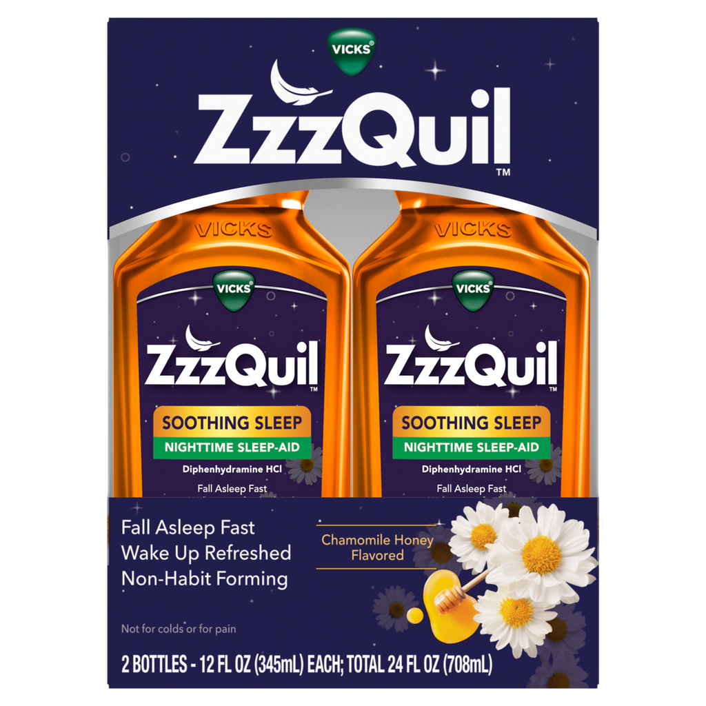 Zzzquil Liquid Sleep Aid Soothing Sleep Diphenhydramine 50Mg Hcl Chamomile Honey Flavored Nighttime Sleep Aid Liquid Sleep Aids For Adults 2 Pack - (2x12)oz/3pk