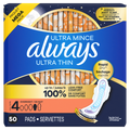 Always Ultra Thin Feminine Pads With Wings For Women Size 4 Overnight Absorbency Unscented - 50ct/3pk