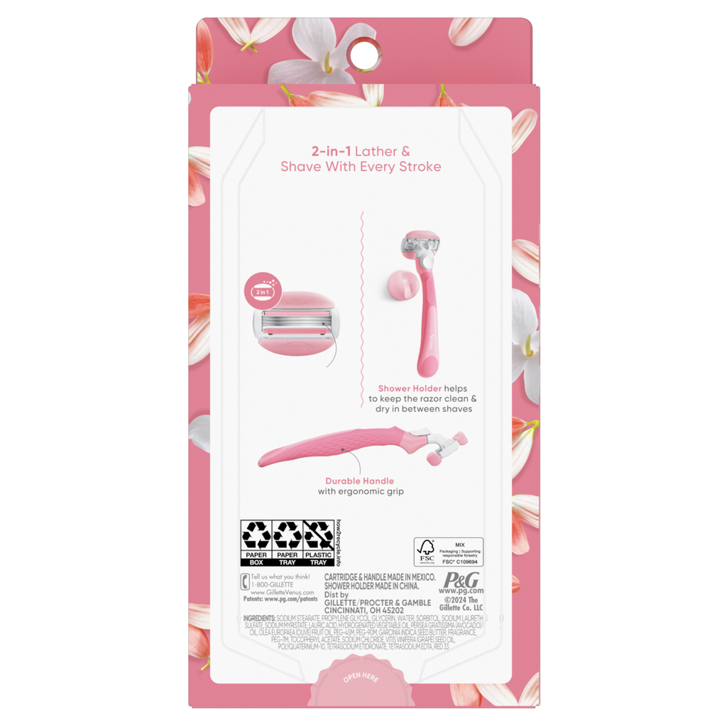 Venus Comfortglide Women's Razor White Tea Scented With Reusable Razor (1 Handle; 2 Razor Blade Refills; 1 Shower Holder) - 1set/3pk
