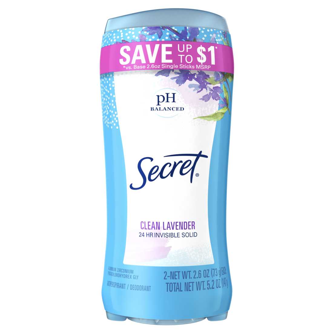 Secret Invisible Solid Antiperspirant And Deodorant Clean Lavender Twin Pack - (2x2.6)oz/6pk