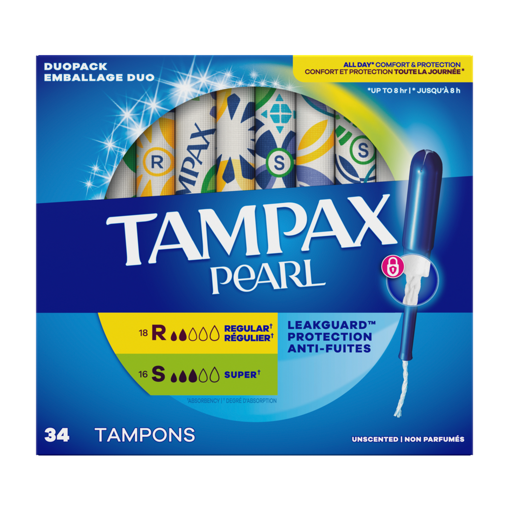 Tampax Pearl Tampons Multipack With Leakguard Braid Regular/Super  Absorbency Unscented - 34ct/6pk