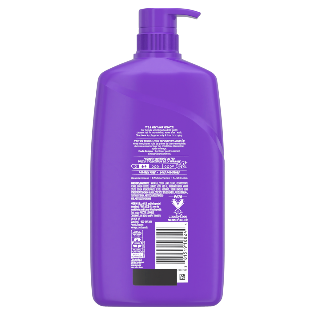 Aussie Miracle Waves Shampoo With Hemp Seed Oil For Wavy Hair Paraben-Free - 26.2oz/4pk